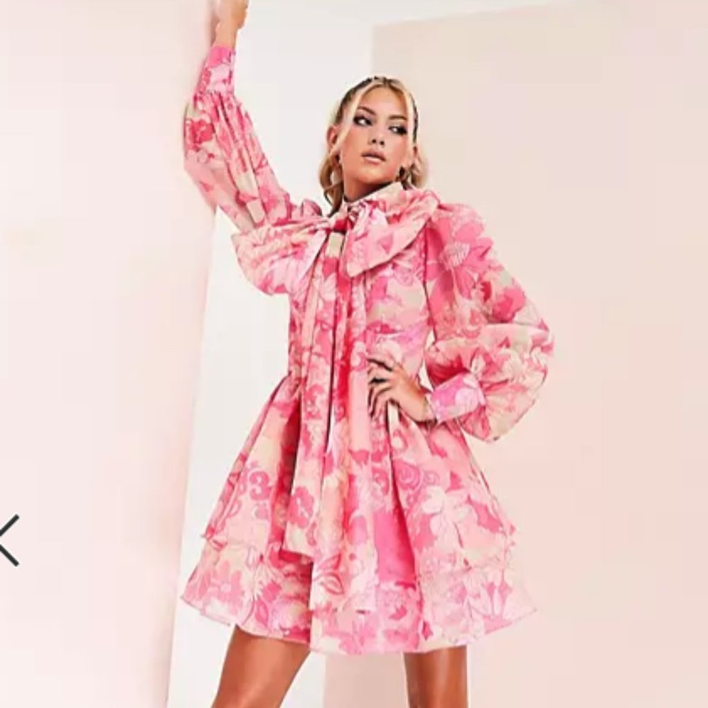 ASOS LUXE chiffon mini swing dress with bow in pink floral